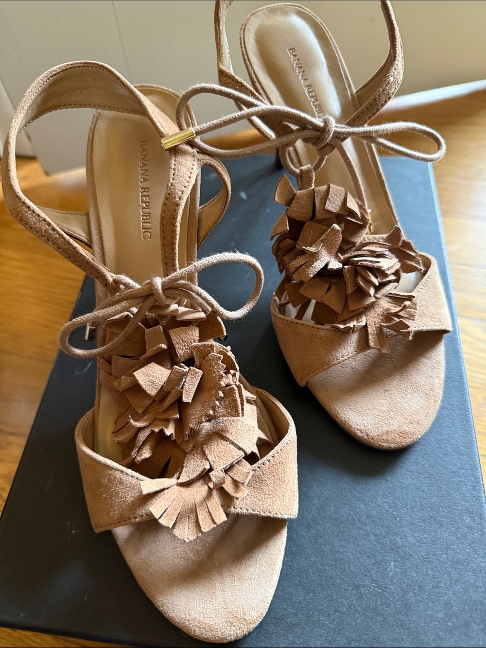 Banana Republic Tan Suede Floral Tie-Ankle Heels